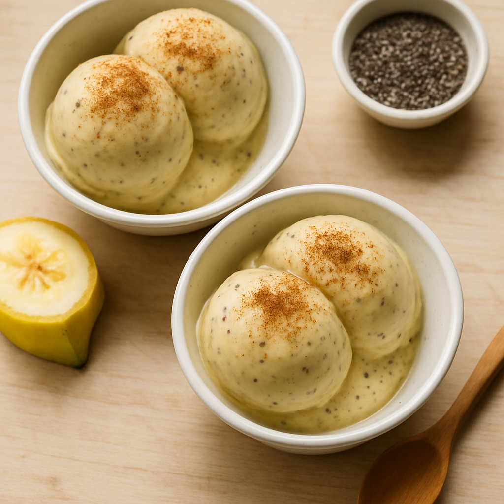 Two bowls of GLP-1 friendly banana ice cream topped with cinnamon, served with fresh banana and chia seeds
