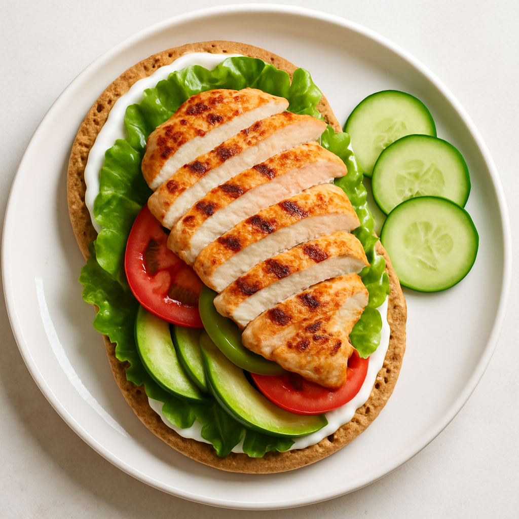 A grilled chicken flatbread with lettuce, tomato, avocado, and cucumber slices on the side