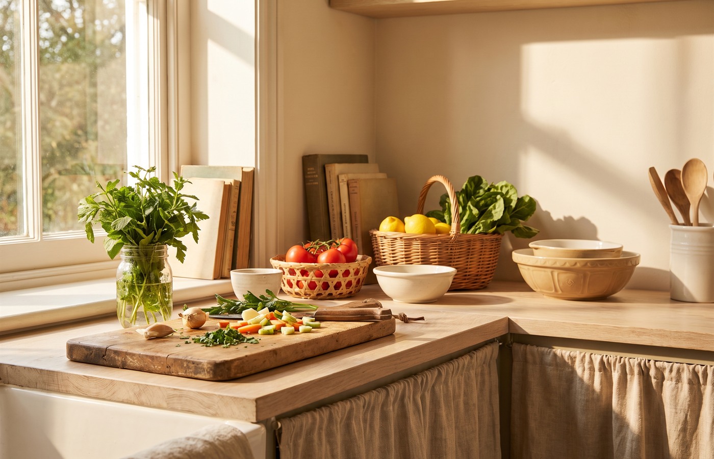 A warm home kitchen with fresh ingredients on the counter